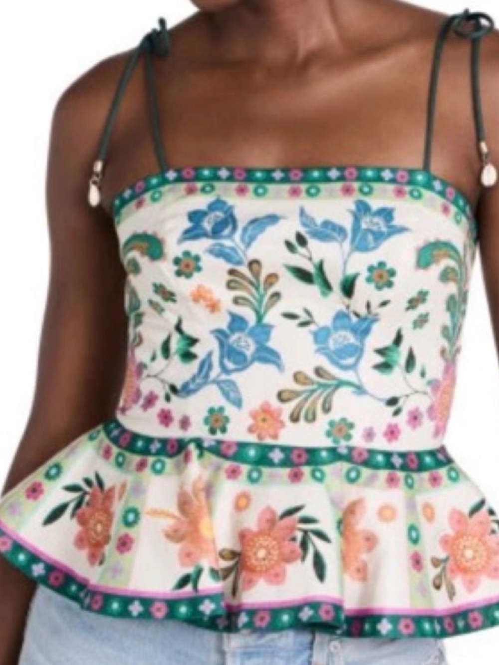 Zimmerman Floral Peplum Tie-Strap Top in White with Multicolor Blooms - Picture 16 of 16